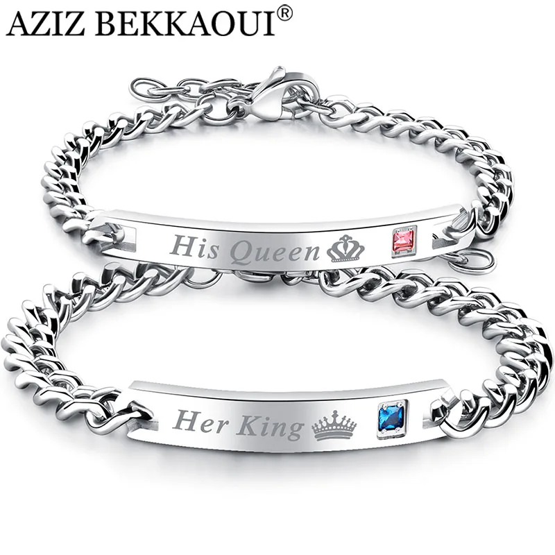 

Drop Shipping Stainless Steel Her King His Queen Couple Bracelets Crytal Crown Charm Bracelets For Women Men Promise Jewelry