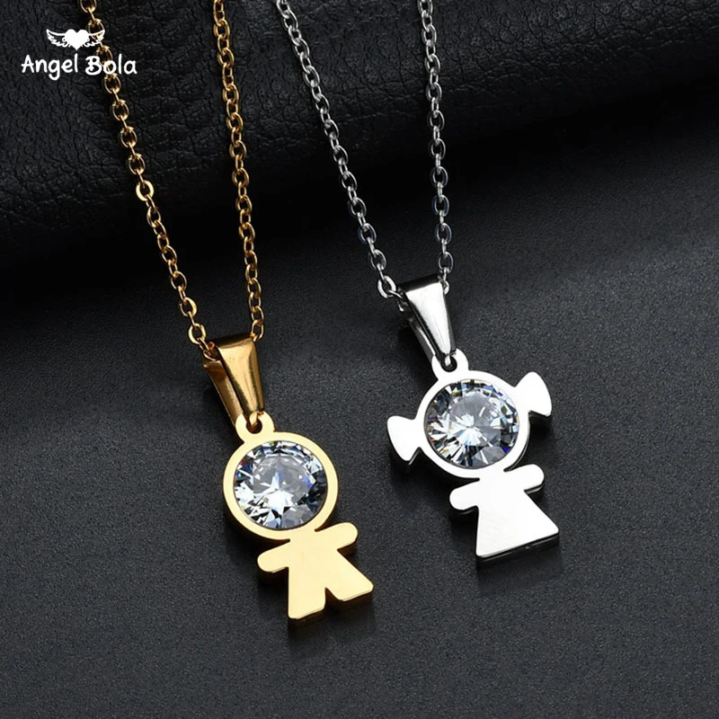 

High Quality Cubic Zirconia Boy Girl Pendant Necklace With Link Chain Lovely Gold Color Figure Family Necklace Gift For Kids