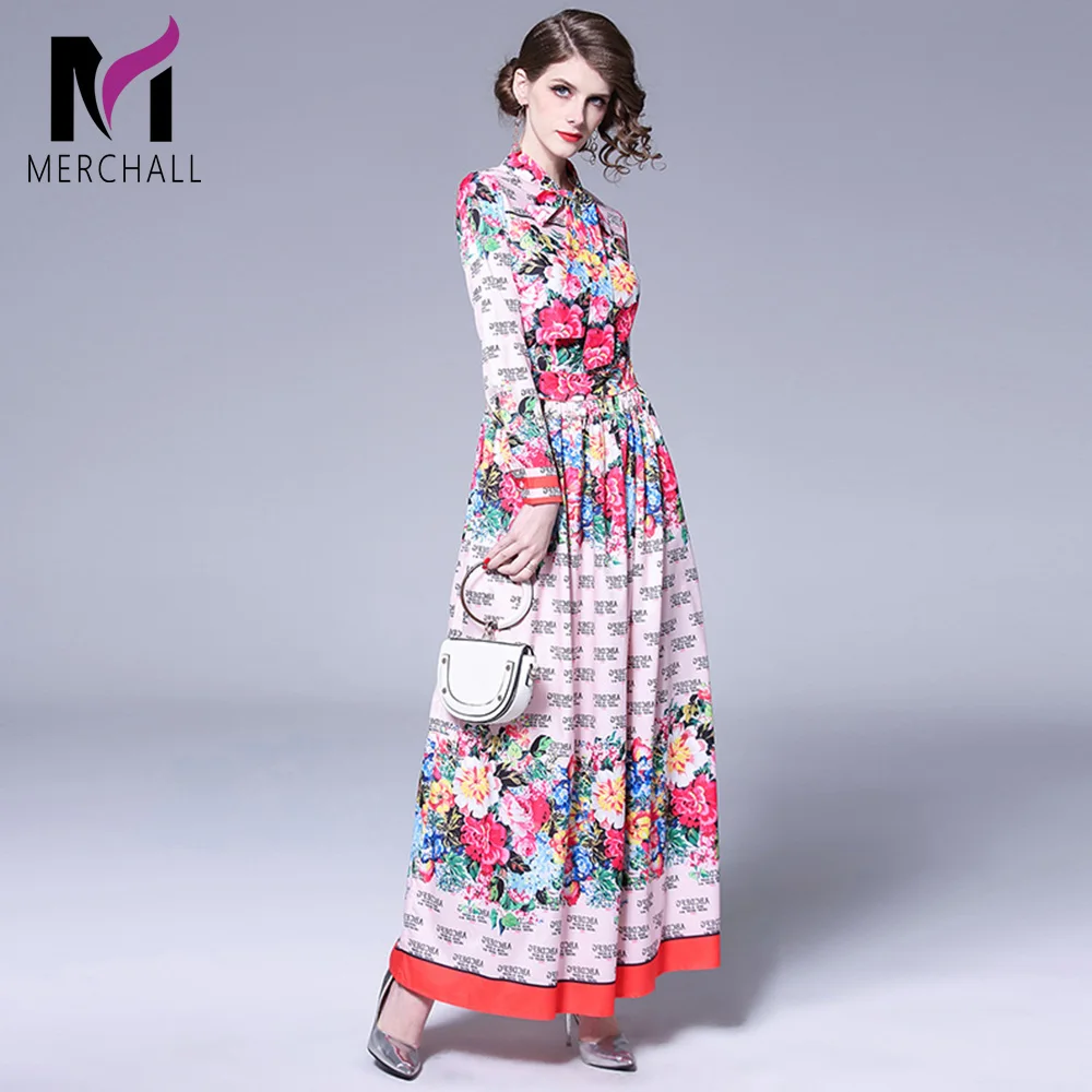 

Runway Designer Boho Maxi Dress Women's Elegant Beach Vacation Flower Printing Long Dress Bow Collar Floor-Length Party Dresses
