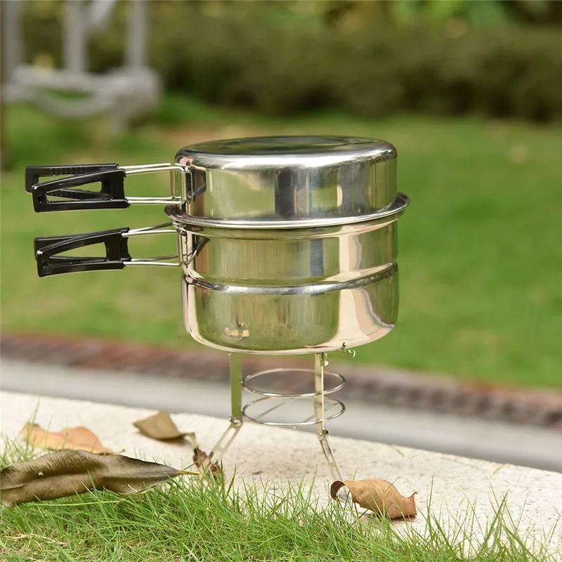 3 unids Sartenes Olla de Acero Inoxidable Mango Plegable de Picnic Al Aire Libre Vajilla Utensilios de Cocina Portátil Para Acampar Al Aire Libre con Soporte De Vapor