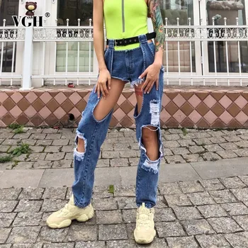 

VGH 2020 Blue Denim Straight Pants For Women High Waist Hole Tassel Sashes Zipper Summer Punk Style Jeans Female Fashion New