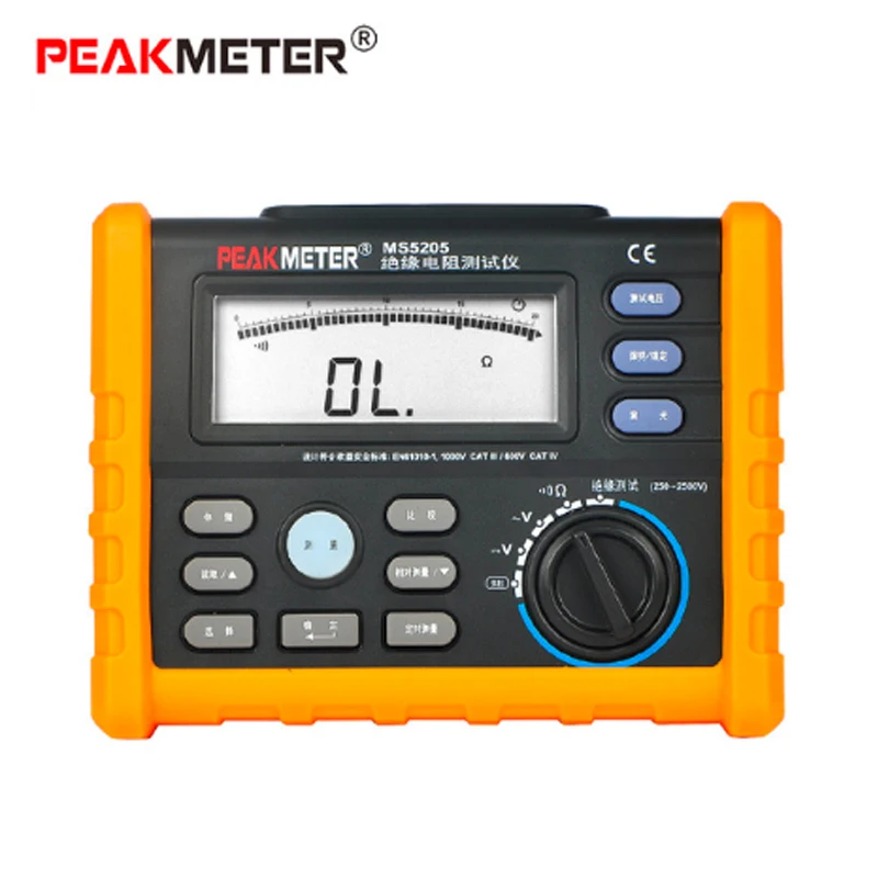 PEAKMETER MS5205 цифровой измеритель сопротивления изоляции 0,01-100 г Ом 250 V-2500 V тестер Аналоговый Мегаомметр