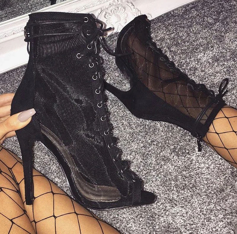 

Elegant Summer Women Suede Patchwork Lace Lace-Up Short Boots High Thin Heel Open Peep Toe Sandanls Boots Lady Party Ankle Boots