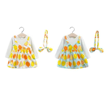 

New Fashion Spring New Girls Fake Two-piece Round Neck Long Sleeve Lemon Pattern Sweet Dress Children Cotton Dress