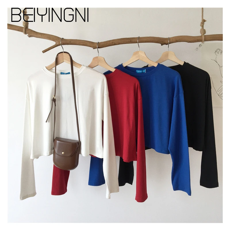Beiyingni пикантные Топы женские модные однотонные короткие футболки с длинными
