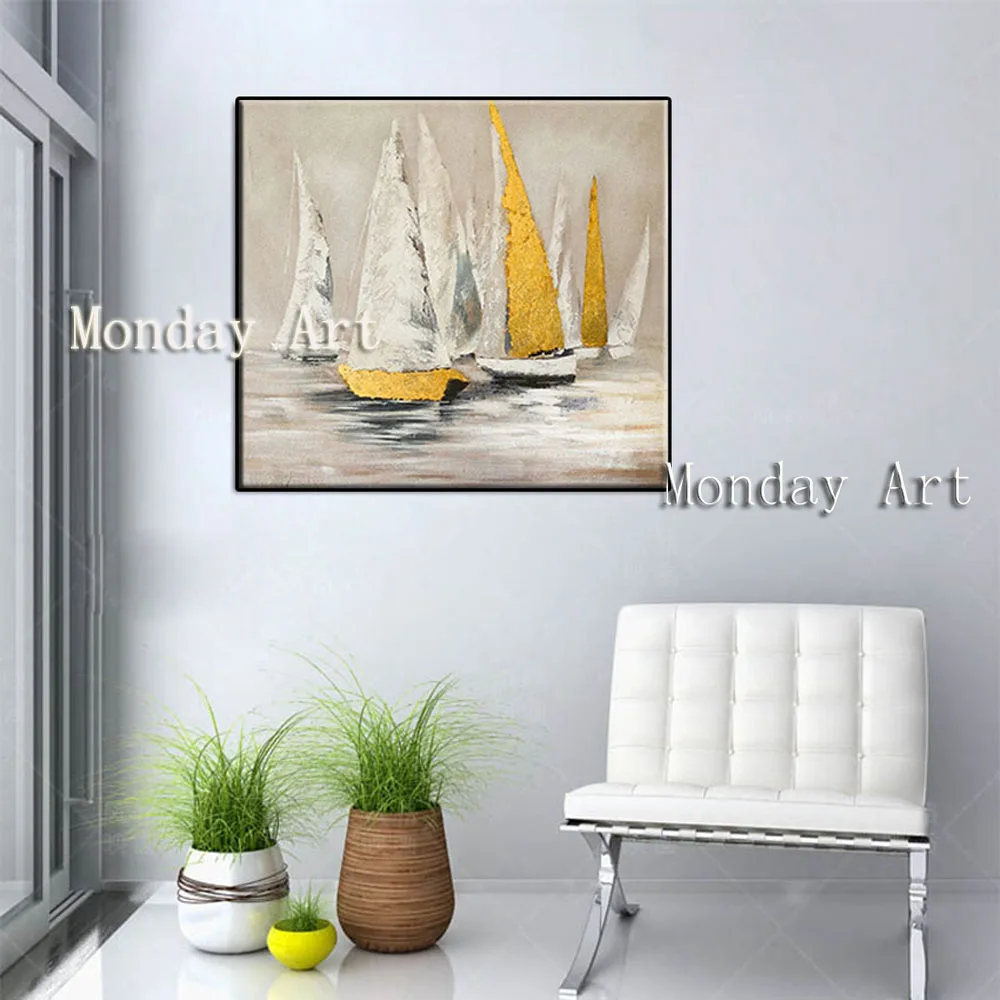 II Free-shipping-Handpainted-Abstract-white-and-yellow-sailboat-oil-painting-wall-Art-picture-on-Canvas-For (5)