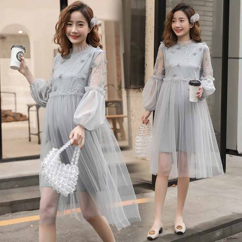 

2019 New Korean Screen Embroidery Pregnant Women's Dress Fashion Bubble Sleeve Pregnant Women's Skirt