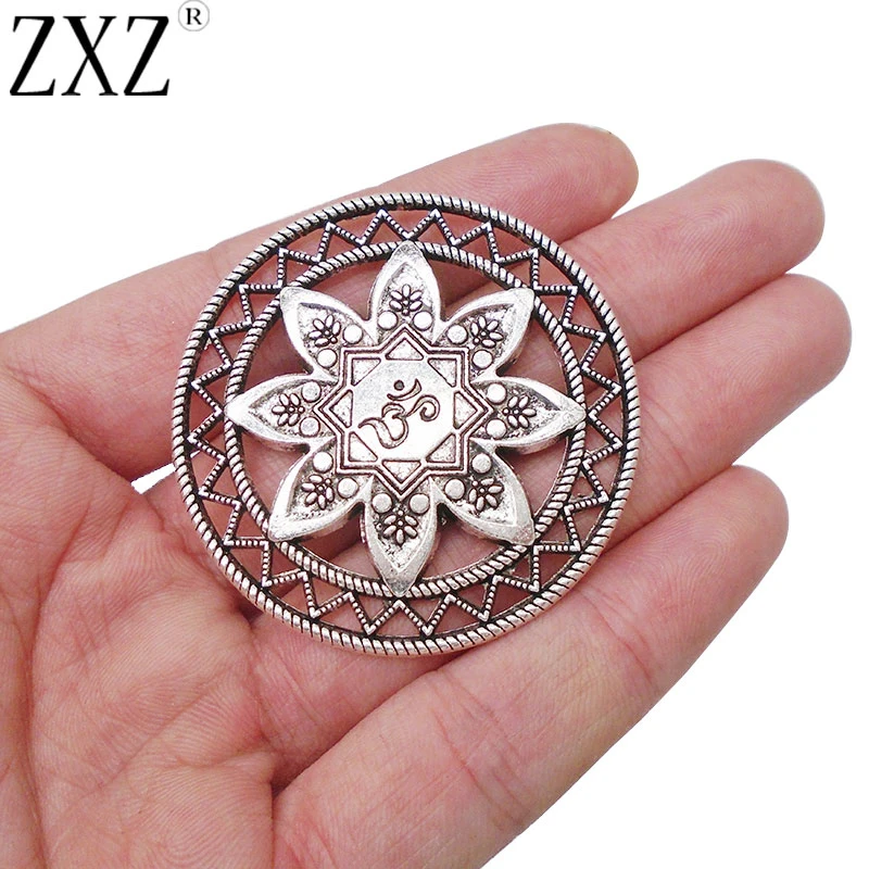 

ZXZ 5pcs Antique Silver Tone Large Lotus Flower OM AUM Yoga Meditation Round Charms Pendants for Jewelry Making Findings