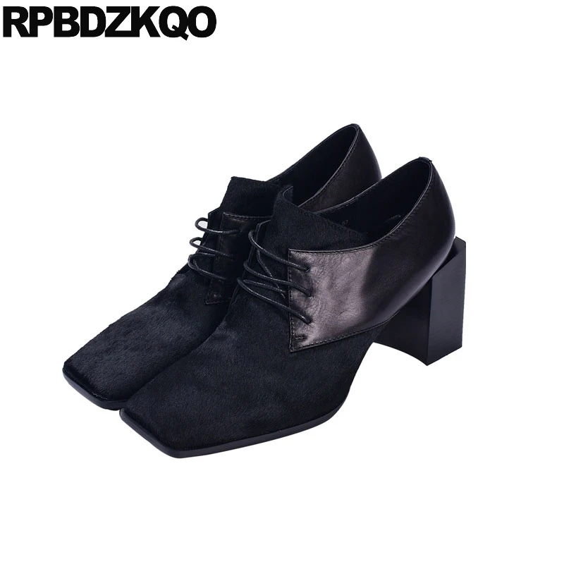 Genuine Leather Black Lace Up 3 Inch Square Toe High Heels Casual Shoes Women Handmade Size 4 34
