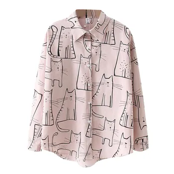 

womens blouses and tops Fashion Long Sleeve Cat Print Korean women shirt Loose Blouse blusas dama blusas mujer de moda 2019