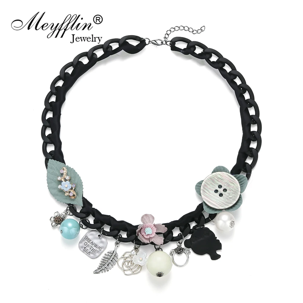 Meyfflin Colar Flower Button Statement Necklace Vintage Black Chain Necklaces &amp Pendants Fashion Jewelry for Women Maxi Collier |