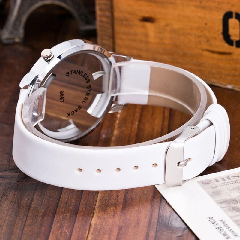 Shellhard Fashion PU Band Stainless Steel Analog Quartz Casual Watch Notation Hollow Music Men Women Wrist Watch Montre Femme