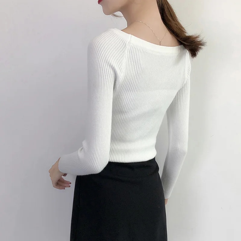 Slash Neck Sweater Women Elastic Sexy Slim Fit Pullover 2018 Autumn Winter New Female Knitted Bottoming Solid Long Sleeve Tops