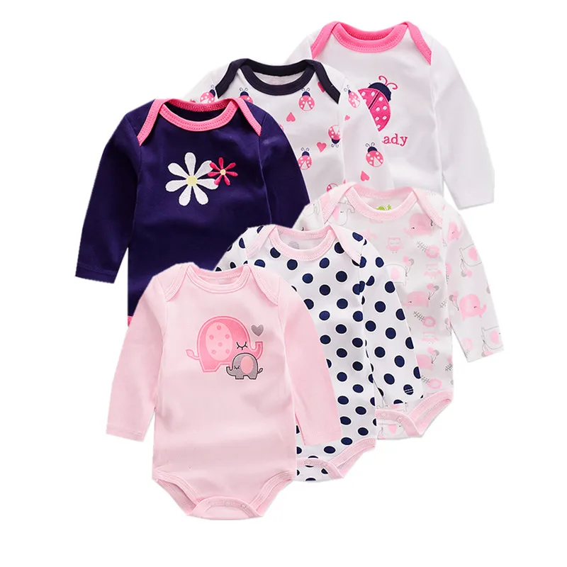 

6 Pieces/lot Summer Baby Girl Bodysuit Long Sleeve Elephant Flower Printed infant Jumpsuit Cotton Baby Overall Newborn Clothes