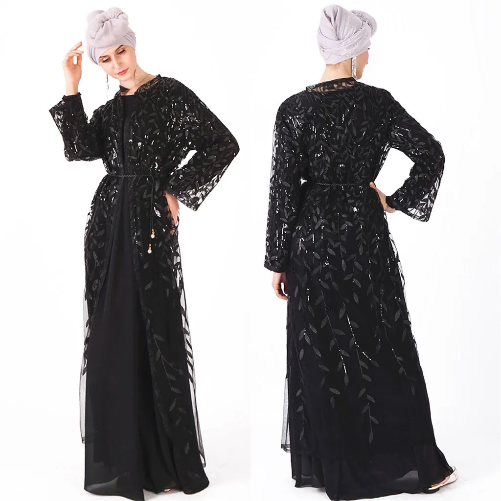 Мусульманское женское платье мусульманское с длинным рукавом Макси абайя кафтан Арабская одежда - Цвет: Black