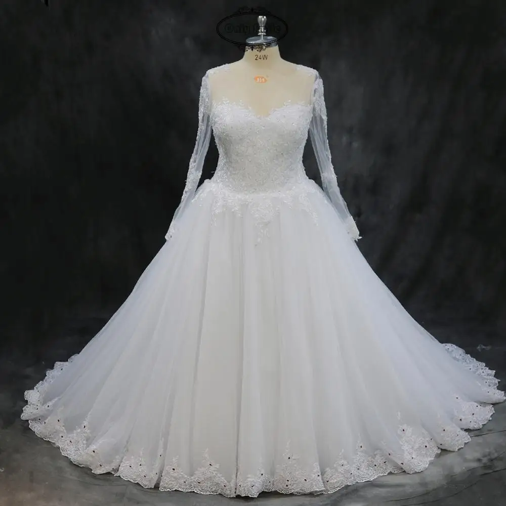 

OnlySmile Long Sleeved Wedding gowns 2019 Lace Appliques Royal Train Arab Princess Wedding Dresses Plus size Bride Dress Robe