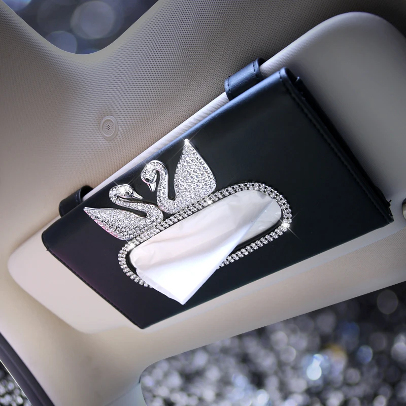 

Crystal Diamond Swan Car Tissue Box for Sun Visor Leather Auto Hanging Tissue Box Diamond Sunshade Case Girls Car Accessories