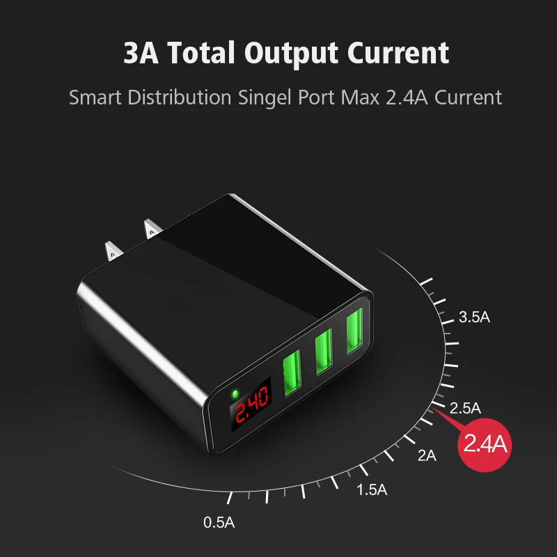 

Digital display 3 USB fast Charger EU/US plug travel charger for iphone X XS XR 8 7 6 samsung S10 9 8 for xiaomi 9 phone charger