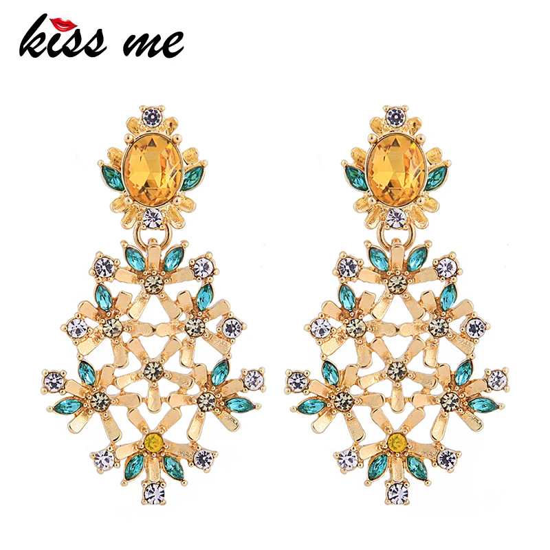 

KISS ME Green Champagne Crystal Wedding Earrings Chic Gold Color Alloy Hollowed Flower Drop Earrings Luxury Jewelry