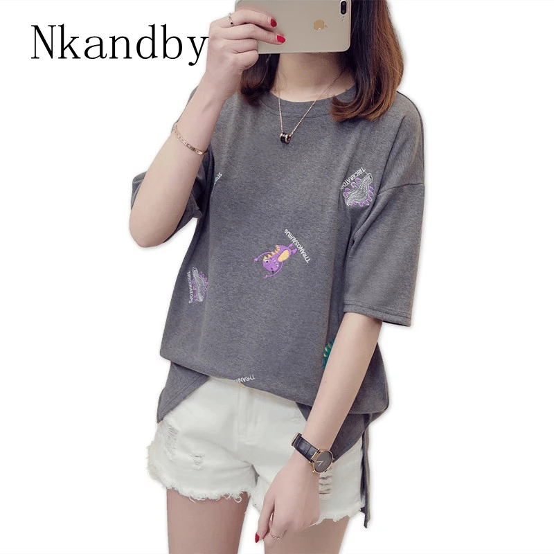 

Nkandby Plus size Women T-shirt Embroidered Cotton Femme Tshirts Short sleeve Ladies Tops 2019 Summer 4XL Large size Clothing