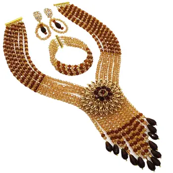 

Nigerian Wedding African Beads Jewelry Set Brown Champagne Gold AB Multi Layer Necklace Bracelet Earring Sets 6C-SDLS-015