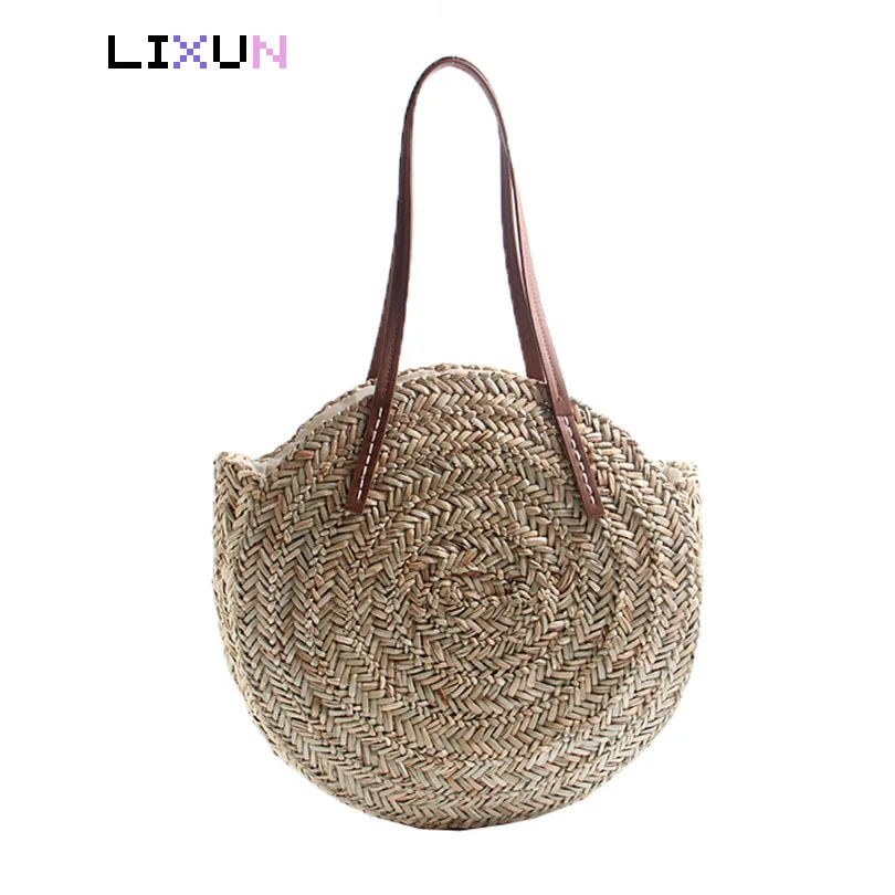 

Ladies Circular Rattan Basket Bag Women Hand Woven Round Straw Bags Natural Oval Beach Shoulder Bag Big Tote Circle Handbags