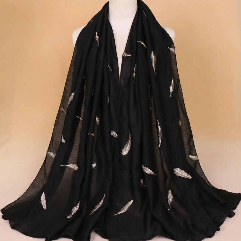 Laven женщины перо золото вышивать шарф хлопок мусульманский хиджаб блеск Платки Обертывания шарфы/платки 14 цветов 180*90 см 10 шт./лот