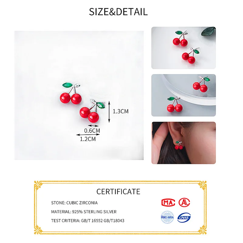 INZATT Real 925 Sterling Silver Enamel Pearl Fruit Red Cherry Stud Earrings Fine Jewelry For Women Minimalist Accessories gift