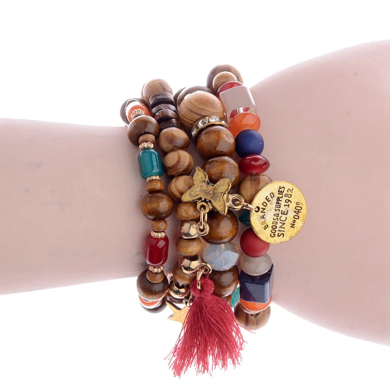 4 цвета, богемные деревянные браслеты для женщин, красочные бусины, кисточки и бабочки, модные браслеты из бисера HXB025