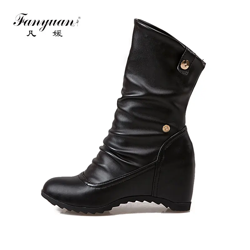 

Fanyuan Boots Women Spring Autumn Increasing High Heel Ankle Boots Buckle Wedges Heels Short Boots Handmade Shoes