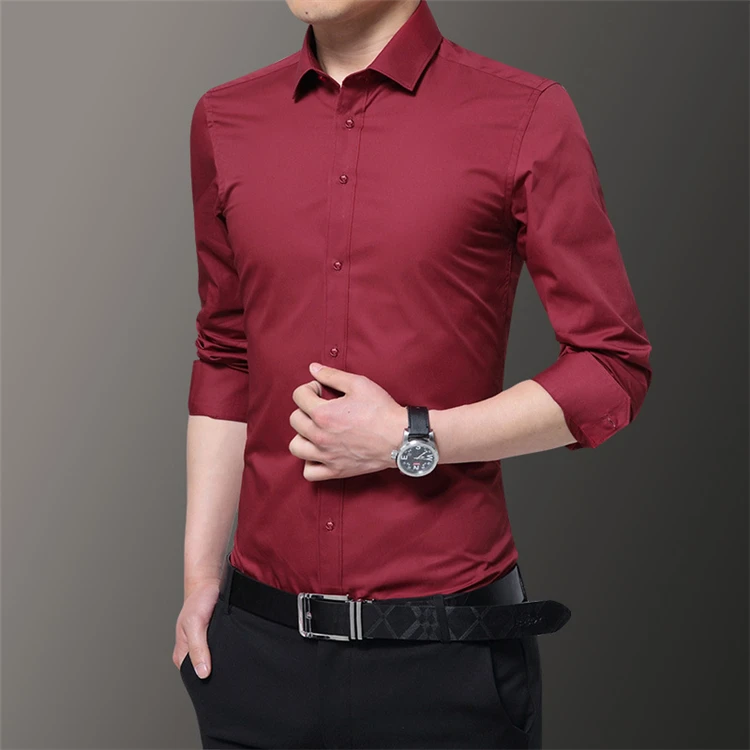 Высокое качество, мужские деловые рубашки, рубашка с длинным рукавом, мужская повседневная Однотонная рубашка, профессиональные мужские рубашки размера плюс 5XL - Цвет: wine red