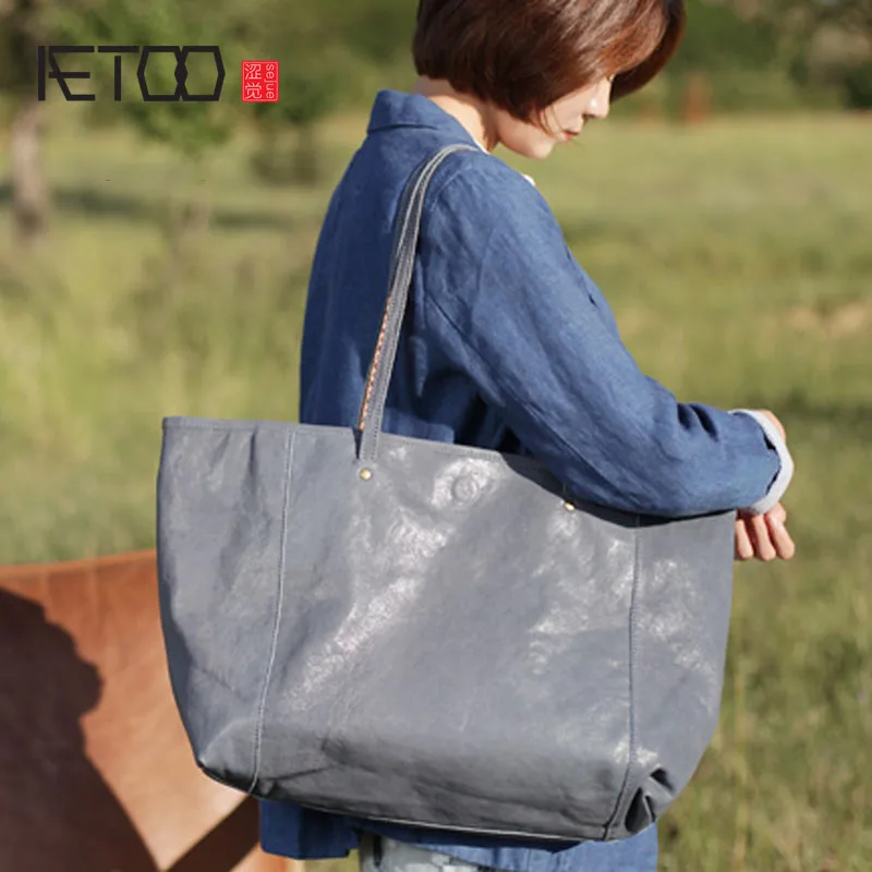 

AETOO Retro blue large capacity commuter tote bag female handbag leather shoulder bag new soft sheepskin big bag