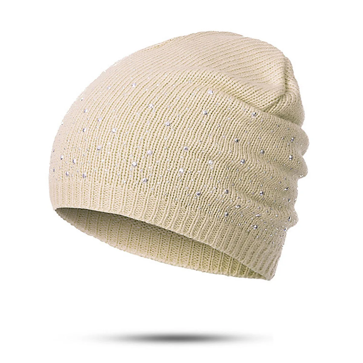 beige Зимние женские шапки GROUP JUMP, модные мягкие теплые вязаные шапки бини, женская шапка, стразы, хлопковая шапка Skullies Beanies, шапка - Цвет: beige