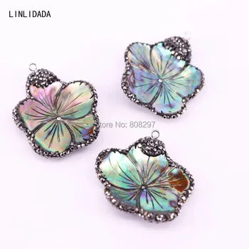 

5Pcs Abalone Shell Carved Flower Pendant, With Rhinestone Paved Charms Pendants For Women