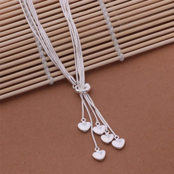 

925 Heart Pendant Long Necklace Elegant Silver Jewelry For Ladies Mulit Chain Necklace Wedding Evening Party AN438