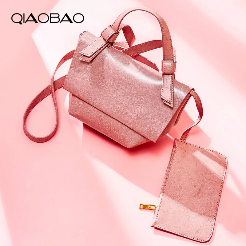 

QIAOBAO Wallet Gift 100% Genuine Leather Bags Lovely Sweet Bow Crossbody Bag Girls Quality Shoulder Messenger Bag Women Flap Bag