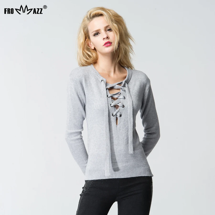 

FROMMAZZ New Spring Autumn Women Fashion Sexy V Neck Knitted Top Laceup Pullover Gray Causal Long Sleeve Elastic Sweater Jumpers