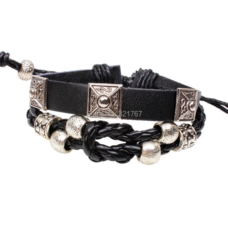 20pcs Punk Style Genuine Leather Beads Braided Bangles Multilayer Charm Bracelets | Украшения и аксессуары