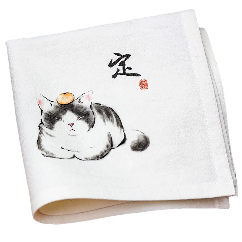  White Hand Painting Cat Cotton Handkerchief Gift Chinese style Women Fashion Accessories Thicken Na