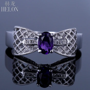 

HELON Gemstone 0.6ct 100% Genuine Amethyst Bowknot Antique Solid 14K White Gold Natural Diamond Engagement Wedding Filigree Ring