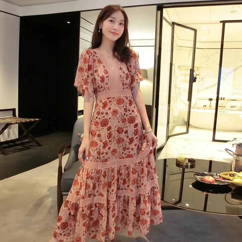

2019 Women Summer Beach Style Floral Dress V-neck Chiffon A-line Mid-Calf Empire Vestidos with Sashes