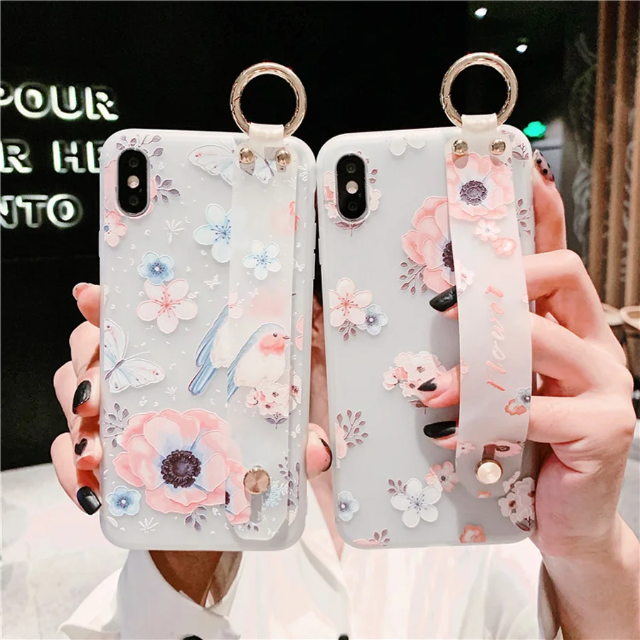 

flower bird wristband tpu case for iphone XS MAX XR X 7 8 6 6S plus case cover fashion floral transparent soft holder phone bag
