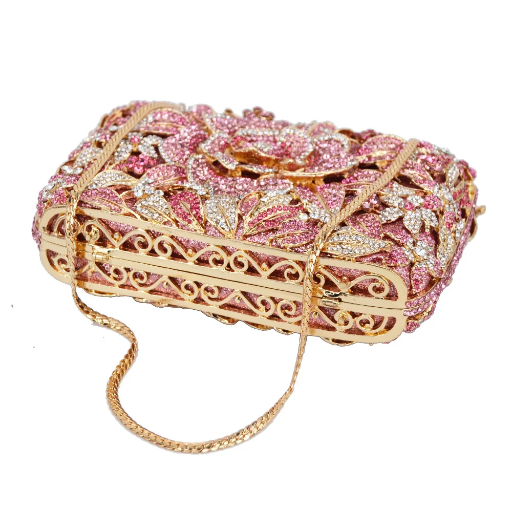 KHNMEET Pink Flower Party Clutch Evening Bags rhinestone Pink Luxury Wedding Crystal Bags Shoulder SC780