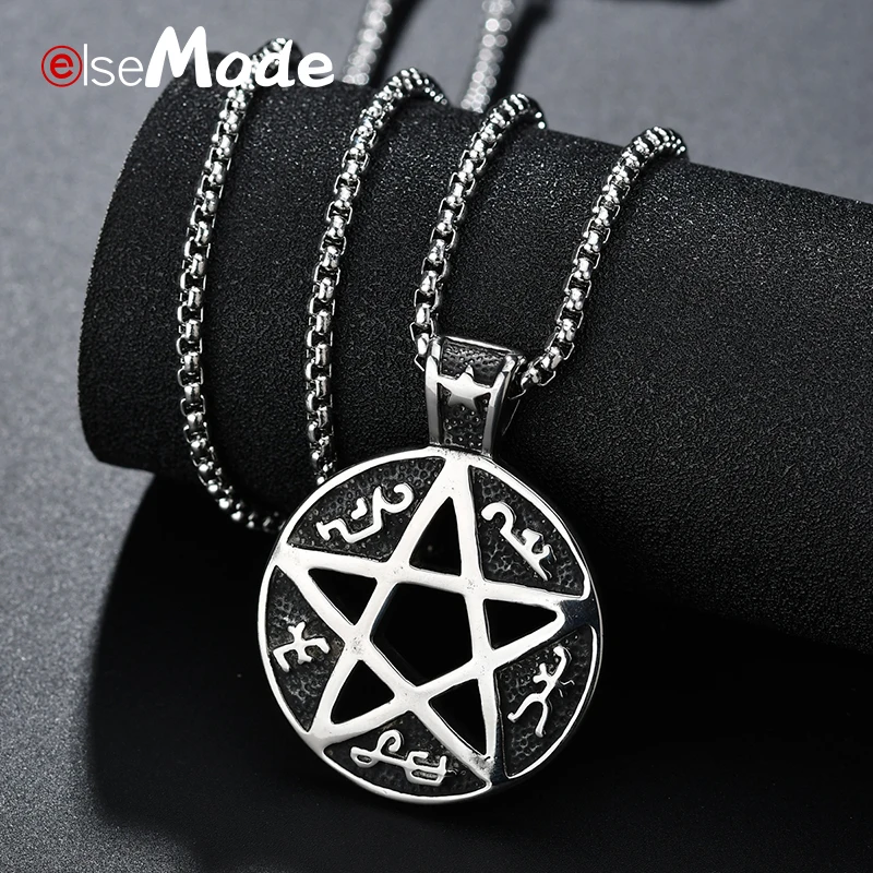 

ELSEMODE Viking Supernatural Hollow Pentagram Pendant Necklaces for Men Stainless Steel Link Chain Necklace Antique Jewelry