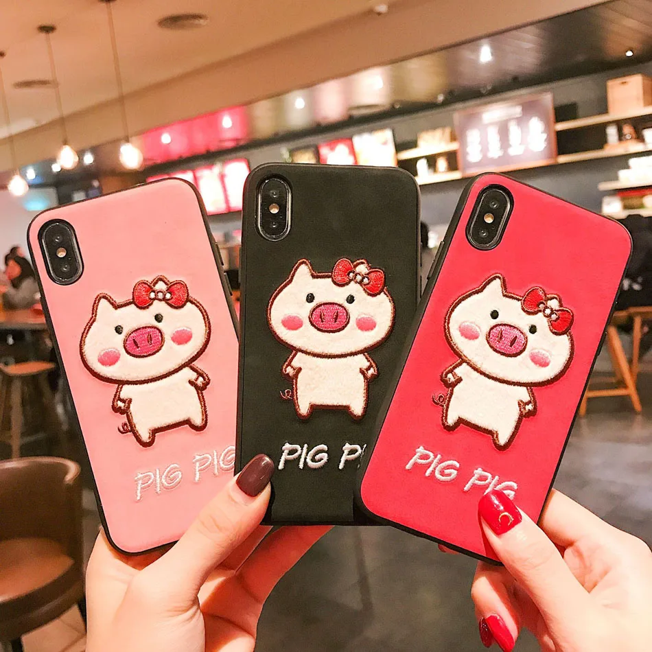 

Cute 3D Embroidery Pig Schnauzer Pet Cover Case For iPhone Xs MAX Xr X 6 6splus 7 8plus Soft Phone Back Shell Cases Fundas