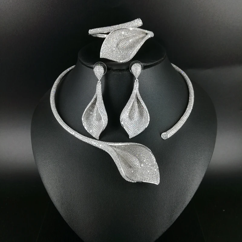 

2019 new fashion flower crystal CZ zircon golden necklace earring bracelet ring jewelry set wedding bride dressing jewelry set