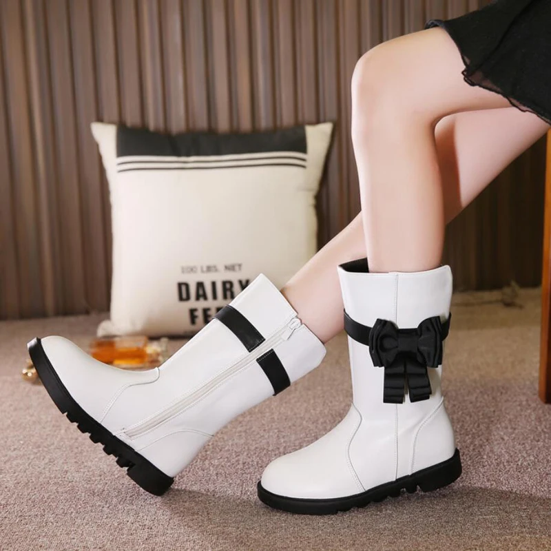 

New Platform Girls Boots Mid-Calf Child Fashion Boots for girl Butterfly knot decor princess shoes zipper flat autumn girls