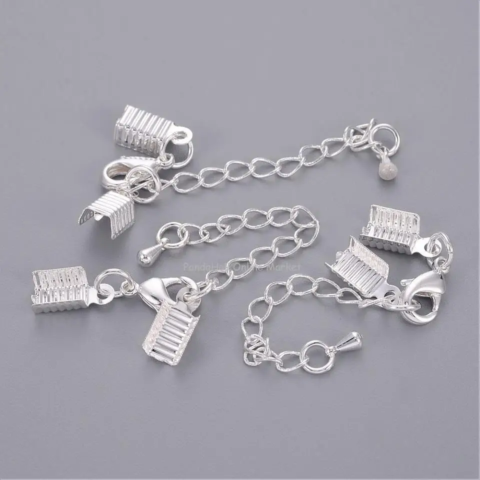 Silver Color Brass Clasp & Clip Ends Set, Lobster Claw Clasp with Cord