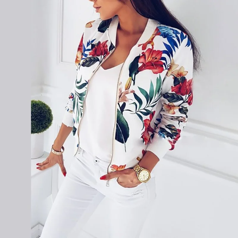 

2018 Fashion Vintage Jackets Women Floral Print Bomber Coat Fashion O-Neck Manica Lunga Streetwear Casuale Outwear