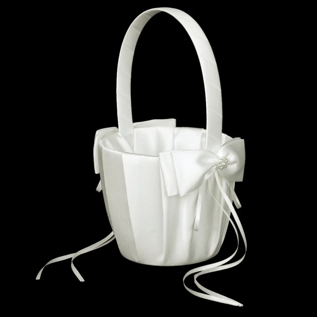 

Faux Pearl Flower Wedding Flower Girl Basket Bowknot Decor Ivory